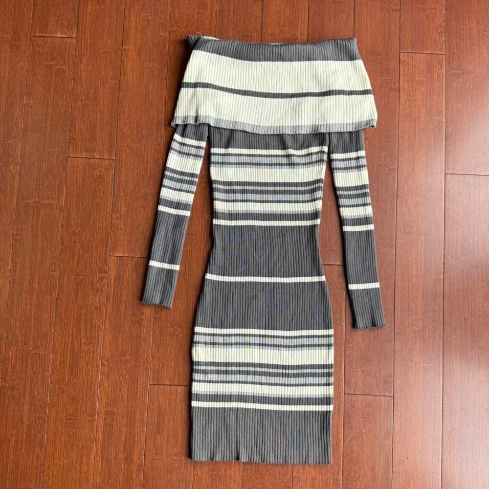 Gray and Cream Striped Off the Shoulder‎ Dress